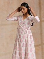 Thumbnail for trueBrowns Pink Big Buta On White Print Cotton Angrakha Kurta Pant Set - Distacart