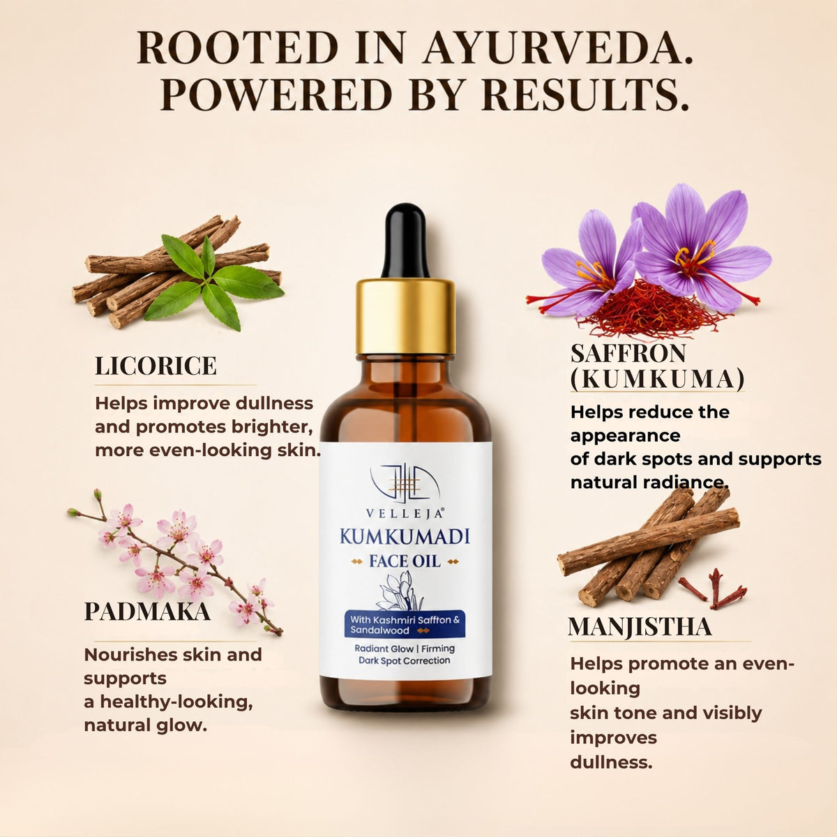 Velleja Kumkumadi Face Oil with Kashmiri Saffron & Sandalwood | Ayurvedic Anti Aging Face Serum for Brightening, Dark Spots & Pigmentation - Dista