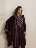 Thumbnail for trueBrowns Purple Velvet Geometric Embroidered Kurta Pant Dupatta Set