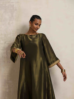 Thumbnail for trueBrowns Olive Green Tissue Flared Anarkali Kurta Set