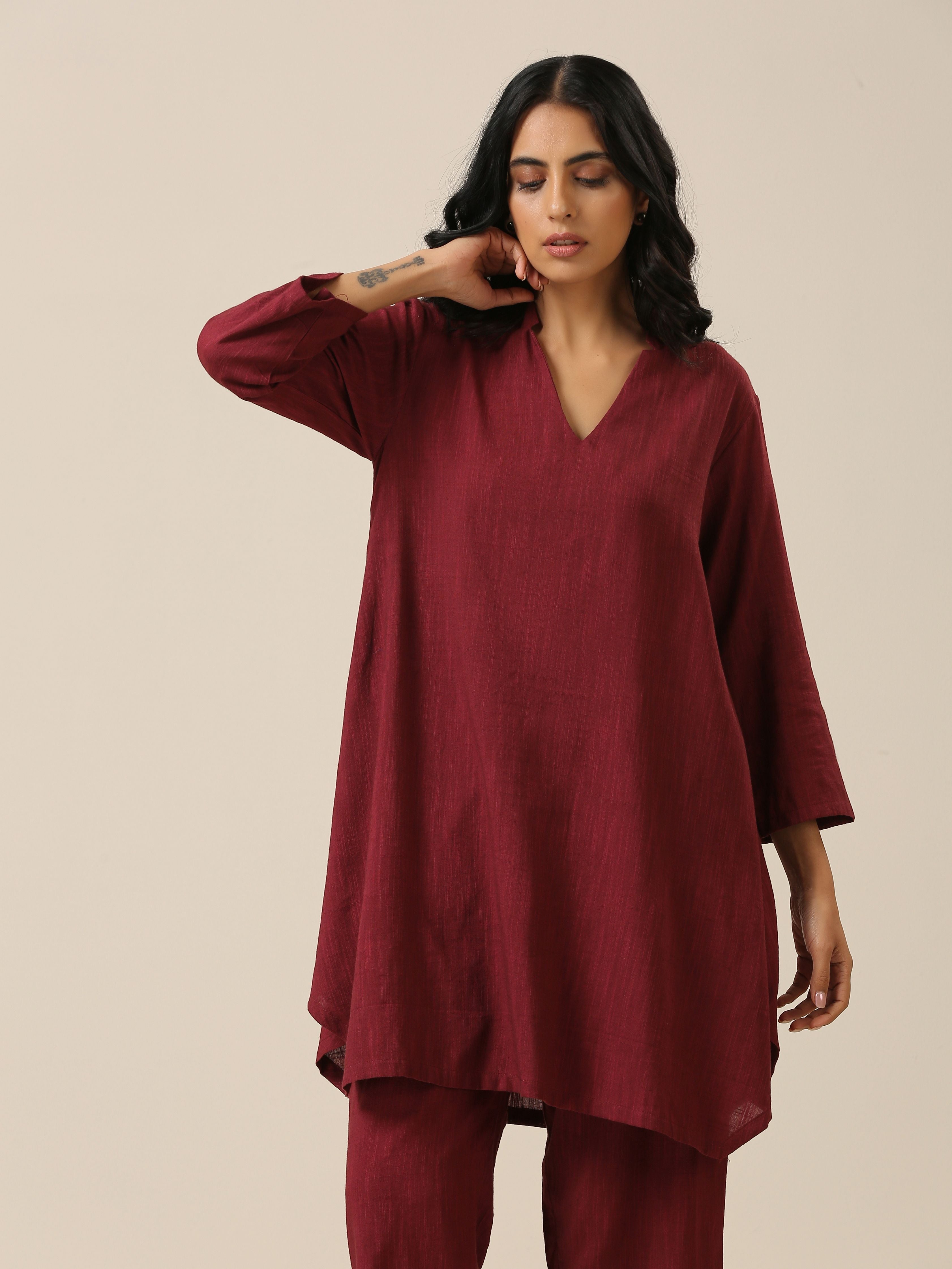 trueBrowns Ruby Wine Slub Textured Collar Co-Ord Set - Distacart