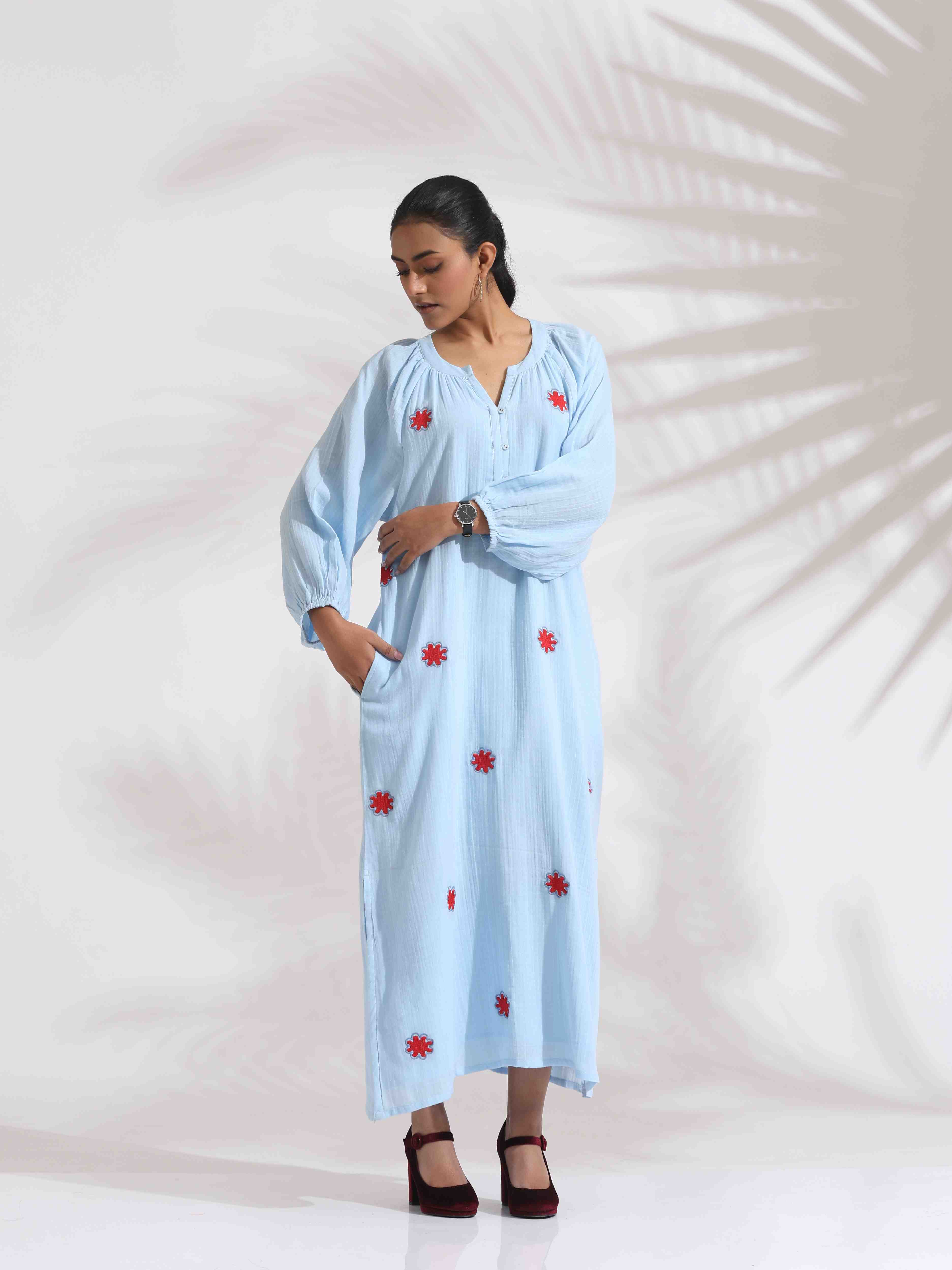 trueBrowns Blue Cotton Embroidered Dress - Distacart