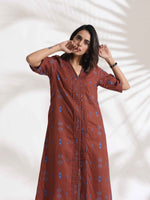 Thumbnail for trueBrowns Brown Cotton Print pleated Dress