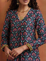 Thumbnail for trueBrowns Black Floral Print A-line Kurta Set