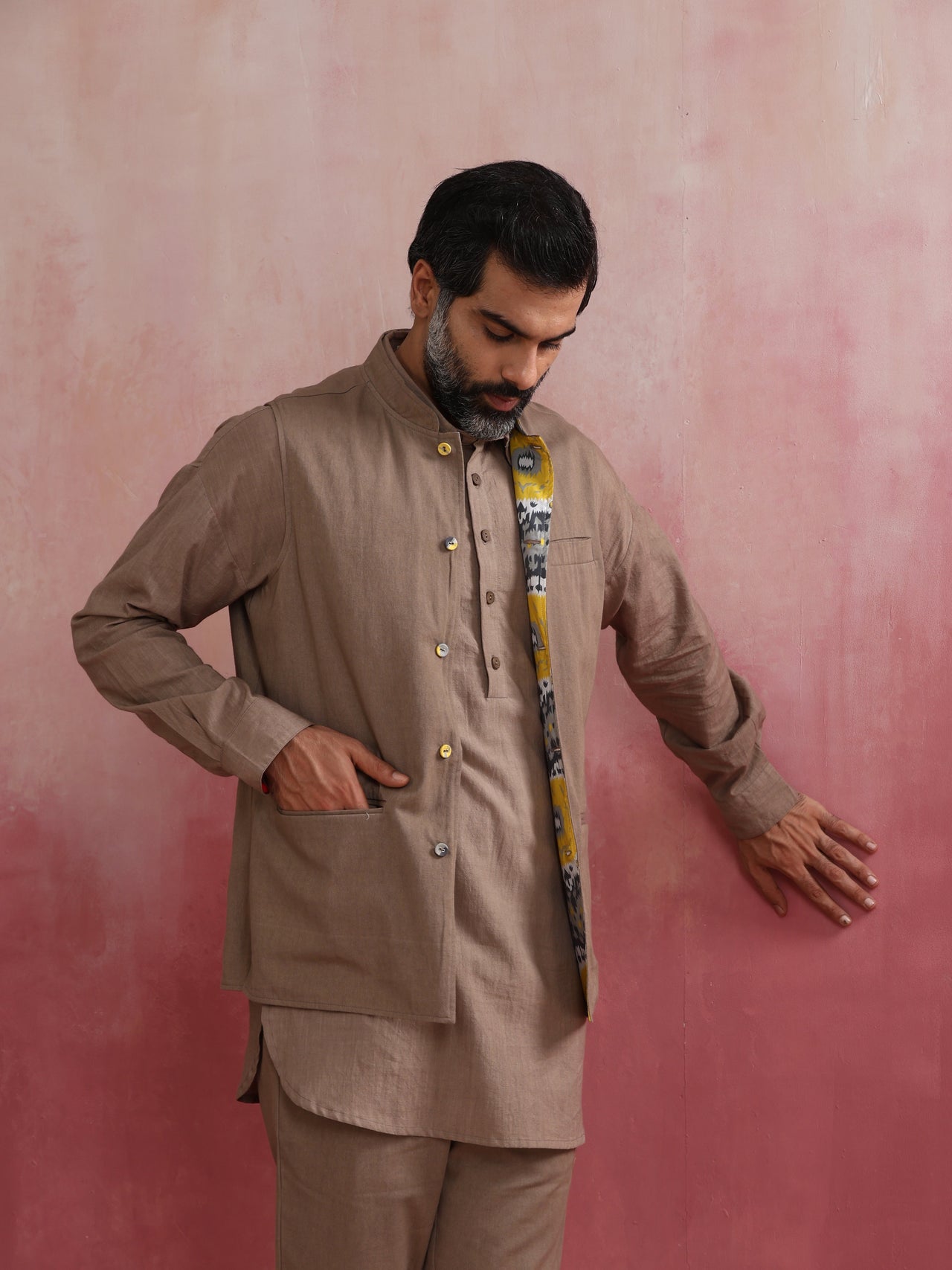 trueBrowns Men's Grey Ikat Print Cotton Reversible Nehru Jacket