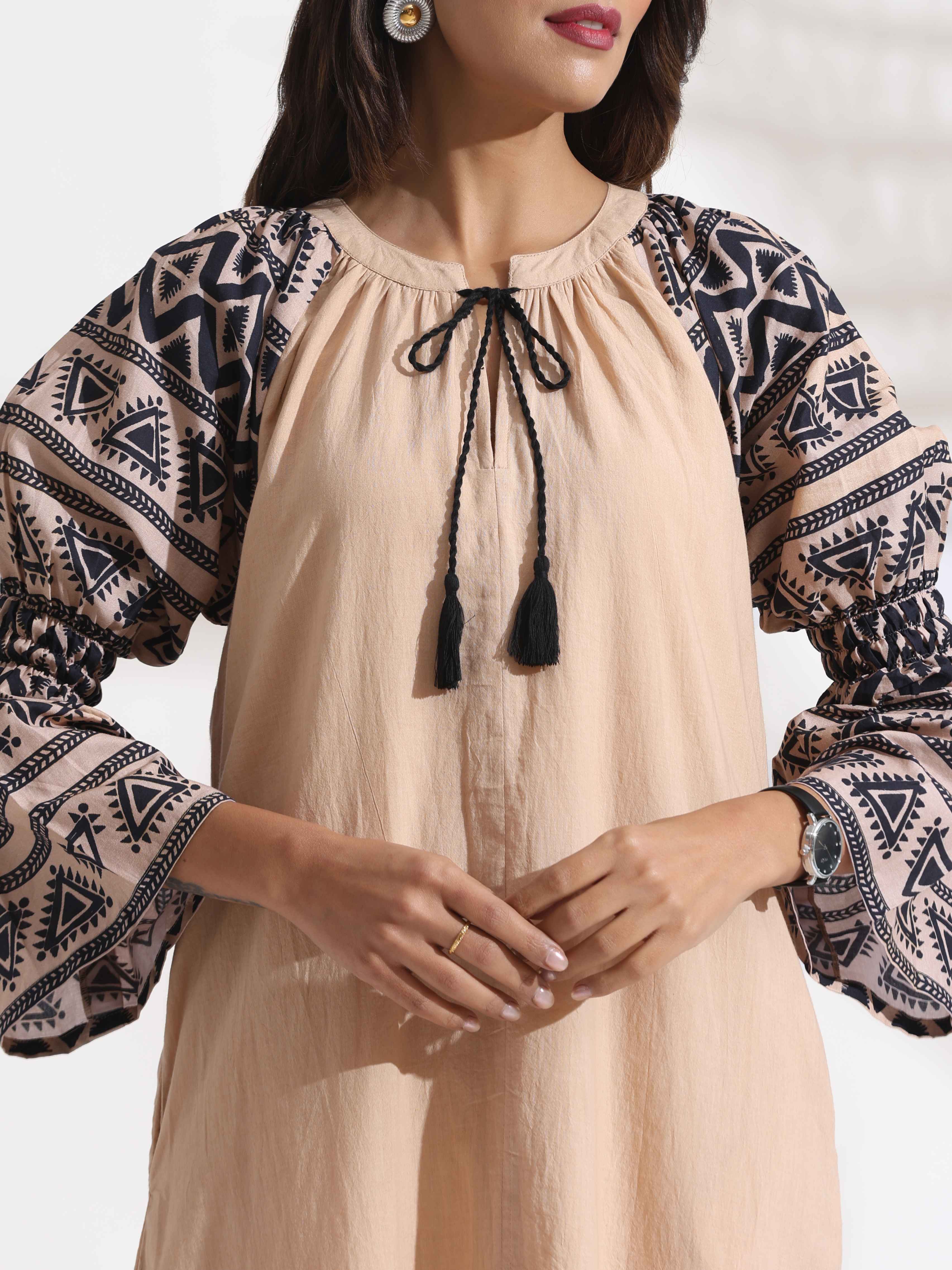 trueBrowns Beige Cotton Print Long Dress