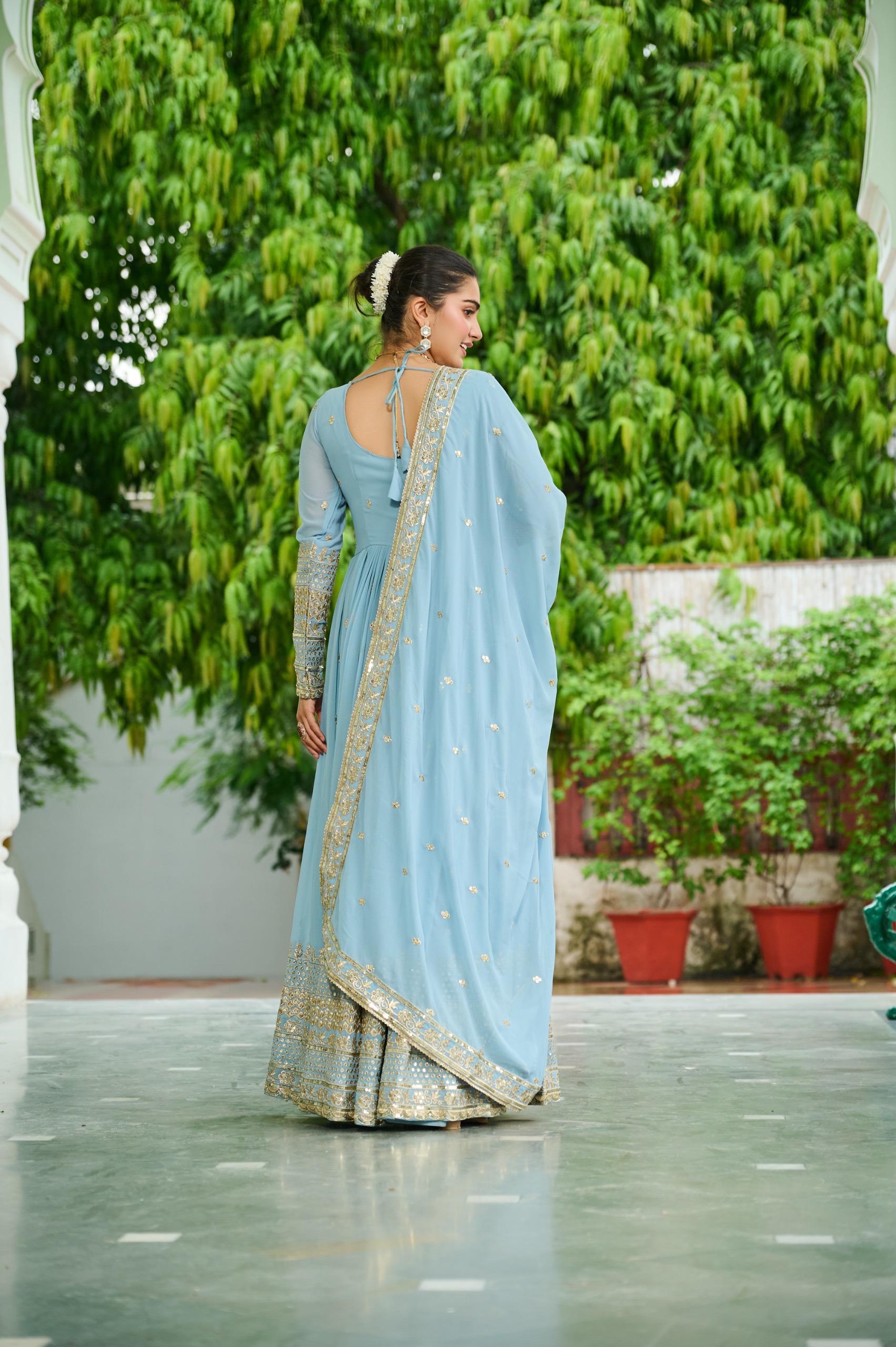 Anaita Blue Silk Readymade Anarkali Suit with Embroidery & Sequence Work - Dista