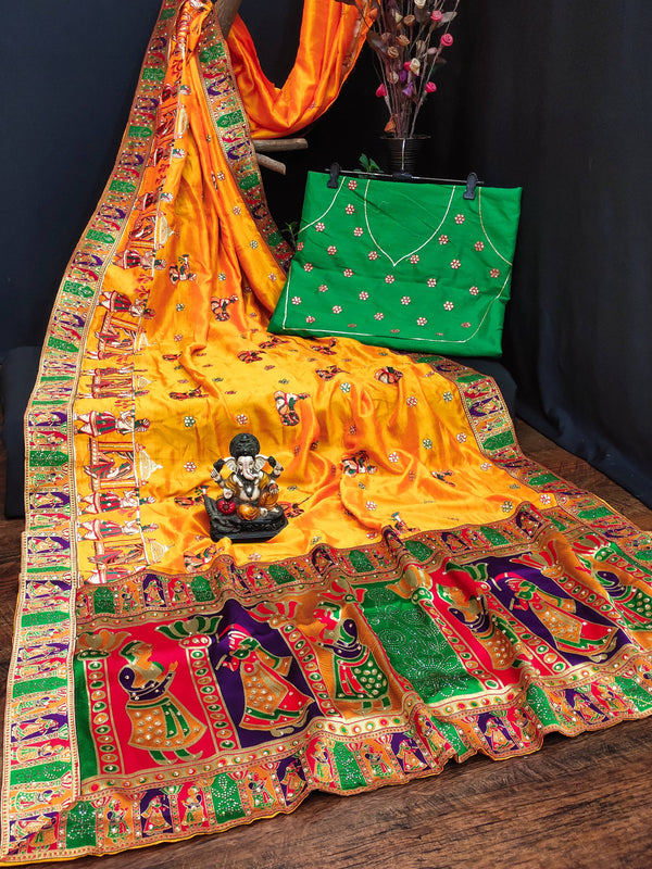 Lorenvalley Fashion Premium Yellow Vichitra Silk Embroidery and Diamond work Both Side Saree - Distacart