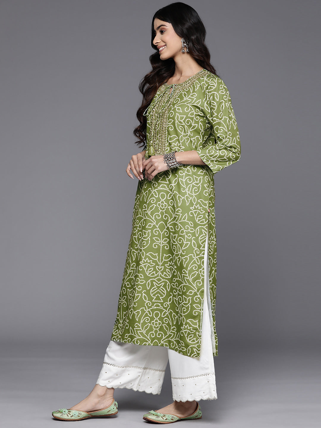 Varanga Women Olive Bhandhani Print Gota Yoke Embroidered Kurta With Round Neck And With Tassel Detailings - Distacart