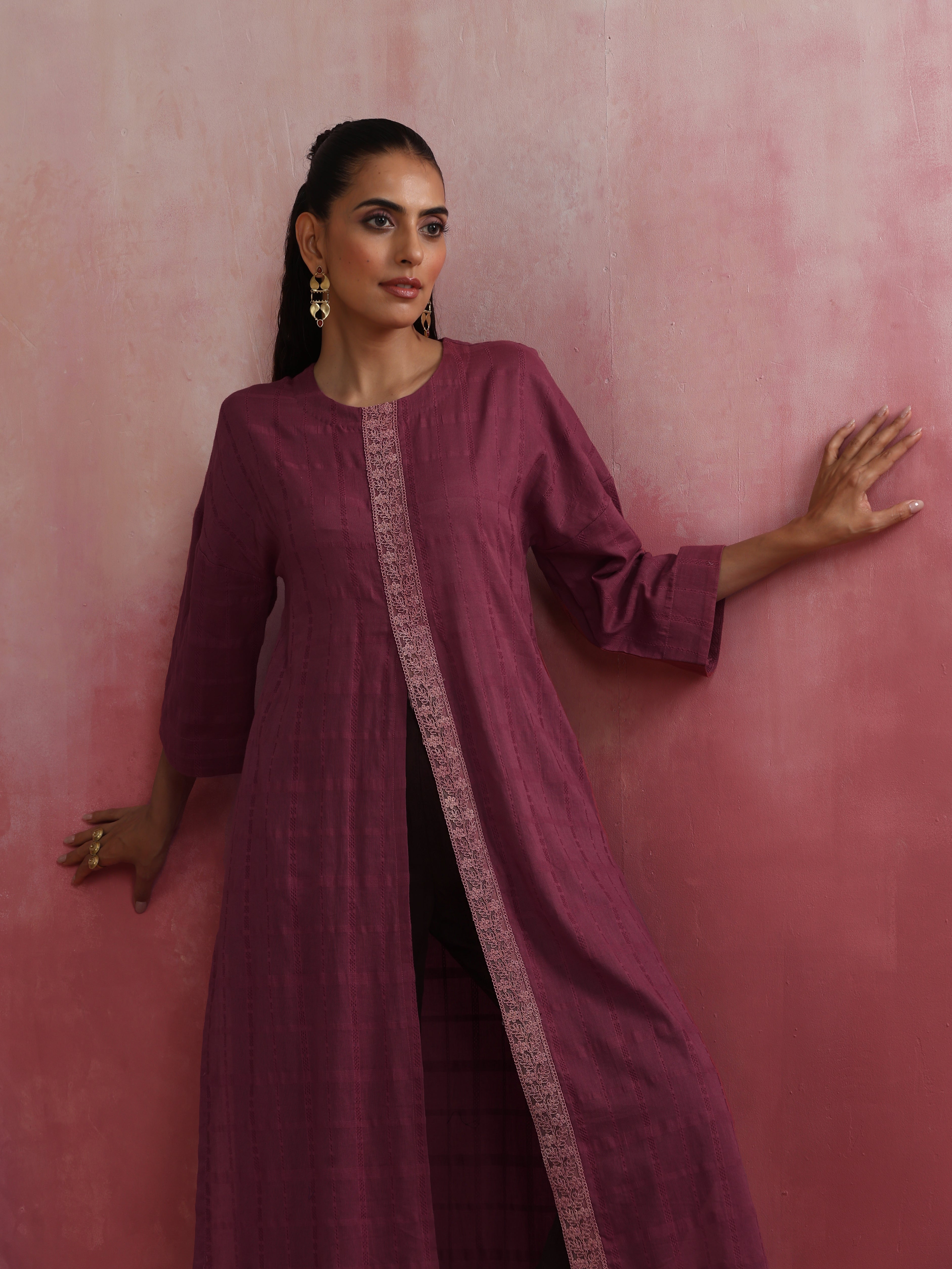 trueBrowns Mauve Cotton Dobby Front Slit Kurta Set - Distacart