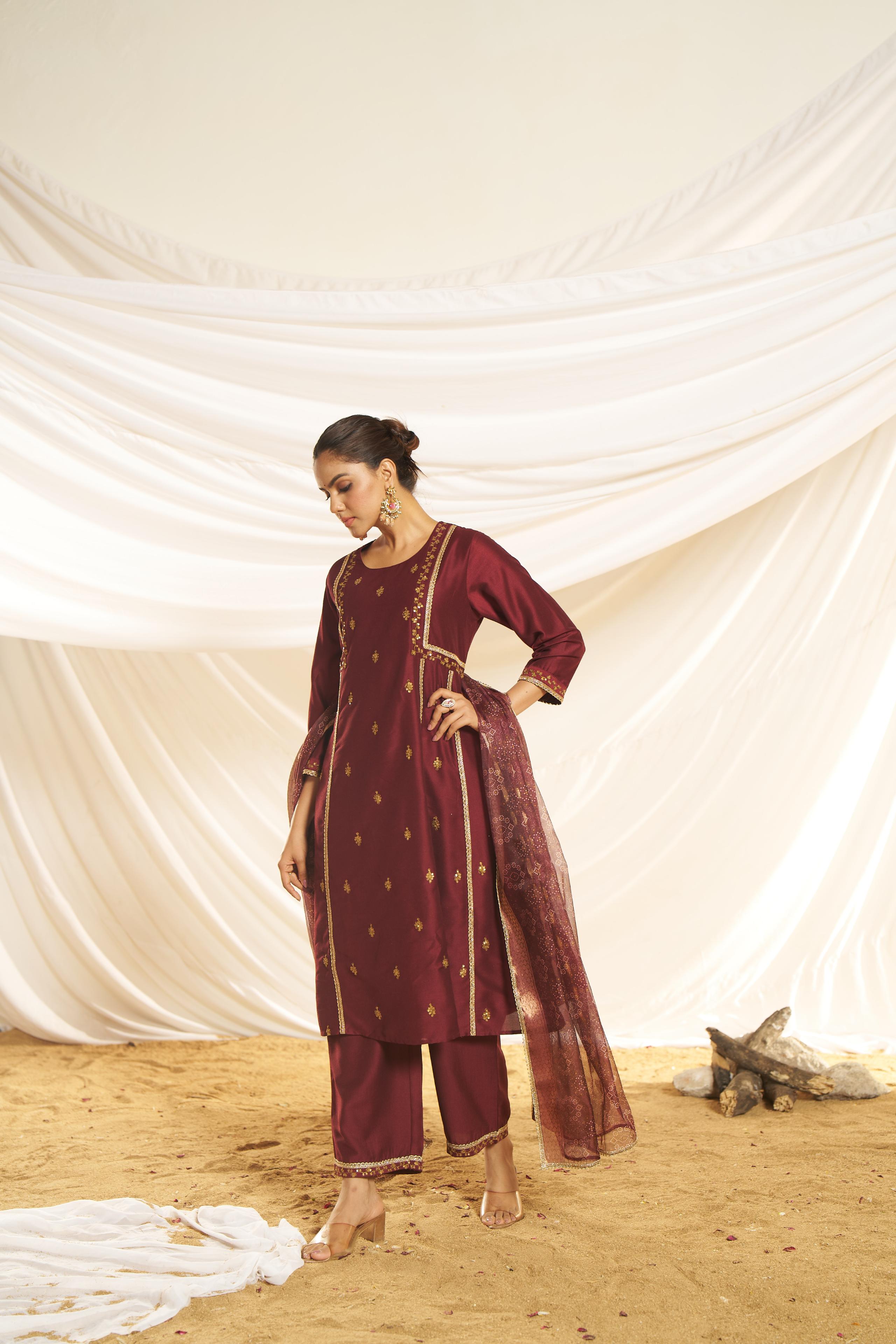 BulBul Women Maroon Embellished Premium Silk Ethenic A-Line Kali Suit With Dupatta