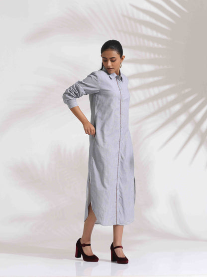 trueBrowns Grey Stripe Cotton Shirt Dress - Distacart