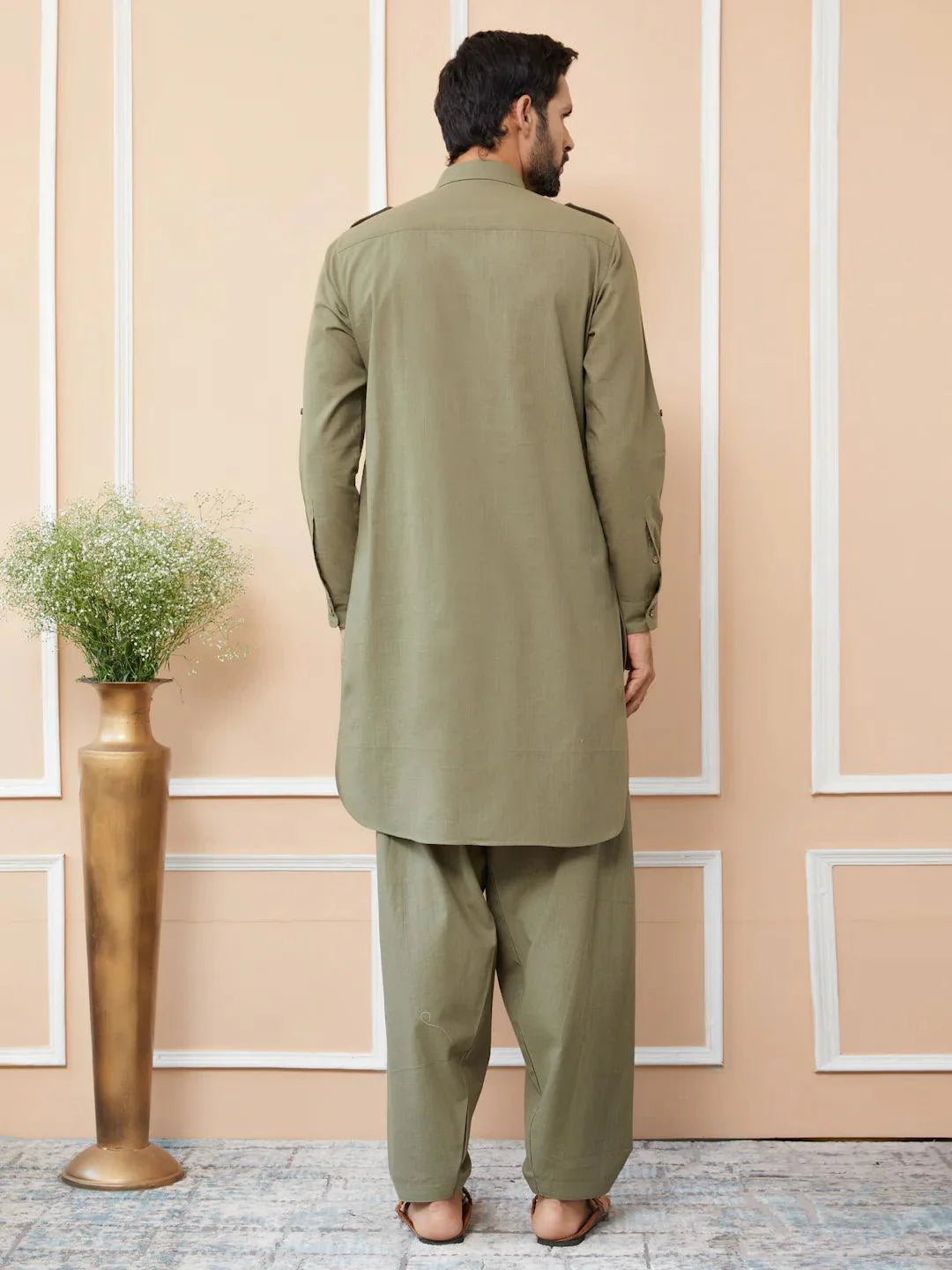 Fabmade Olive Cotton Linen Pathani Kurta With Salwar