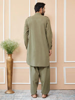 Thumbnail for Fabmade Olive Cotton Linen Pathani Kurta With Salwar
