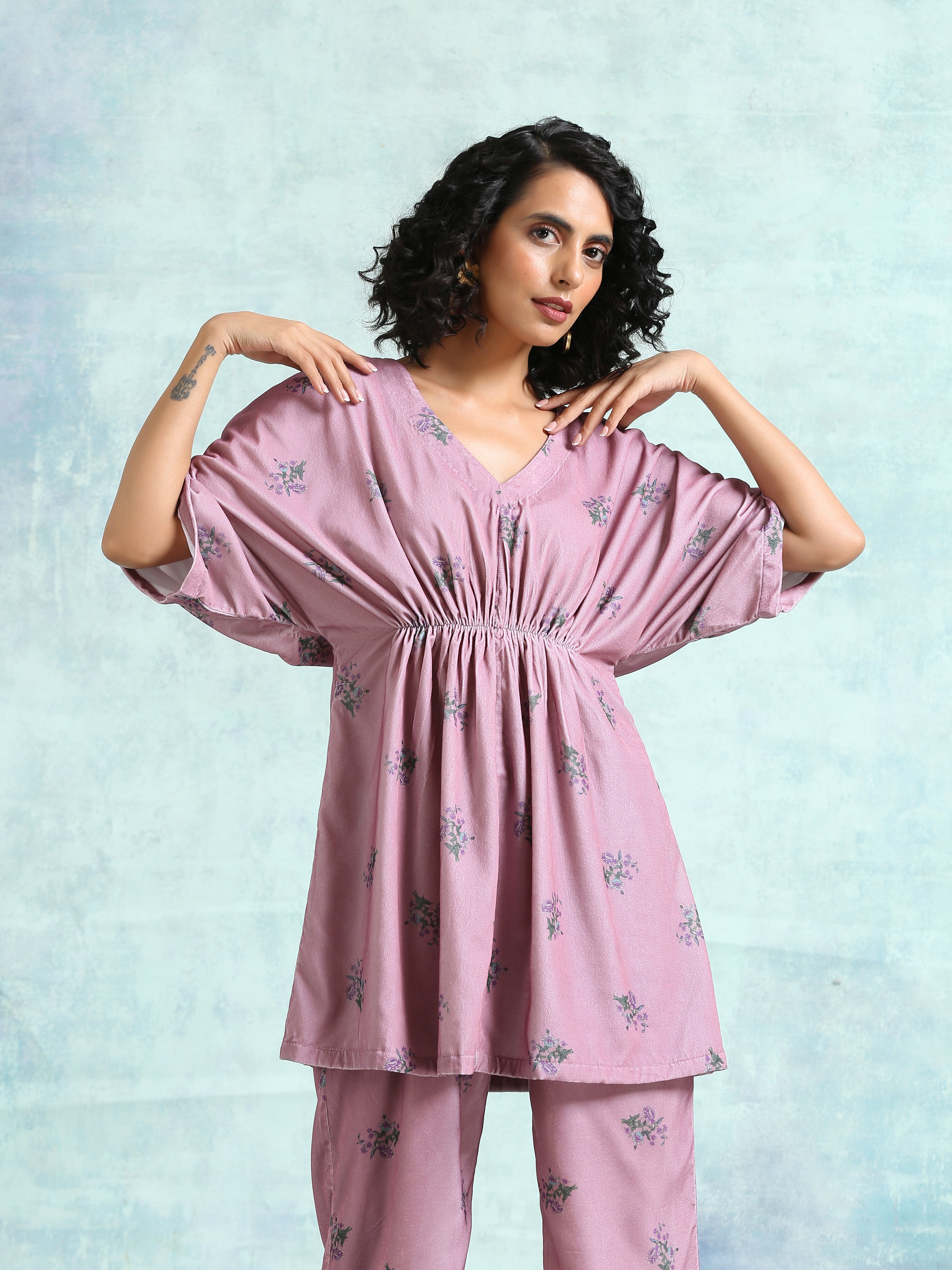 trueBrowns Light Mauve Printed Velvet Co-Ord Set - Distacart