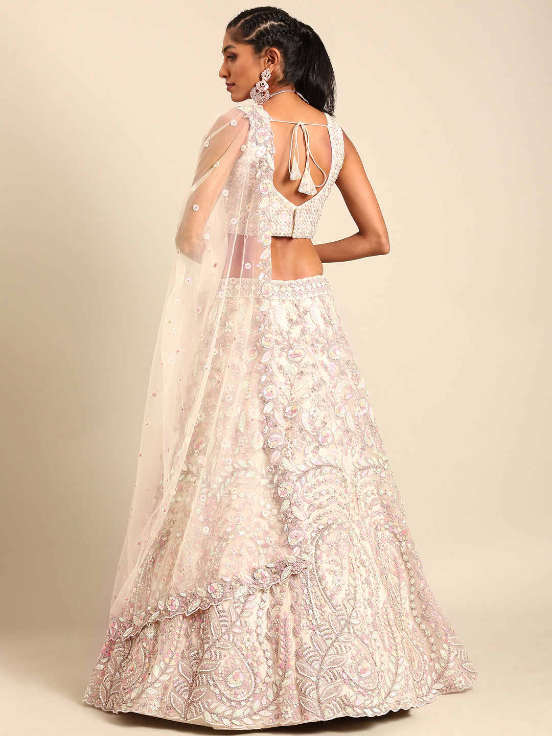 House of Panchhi Cream Net Multi Sequins with heavy Zarkan embroidery Lehenga choli & Dupatta - Distacart