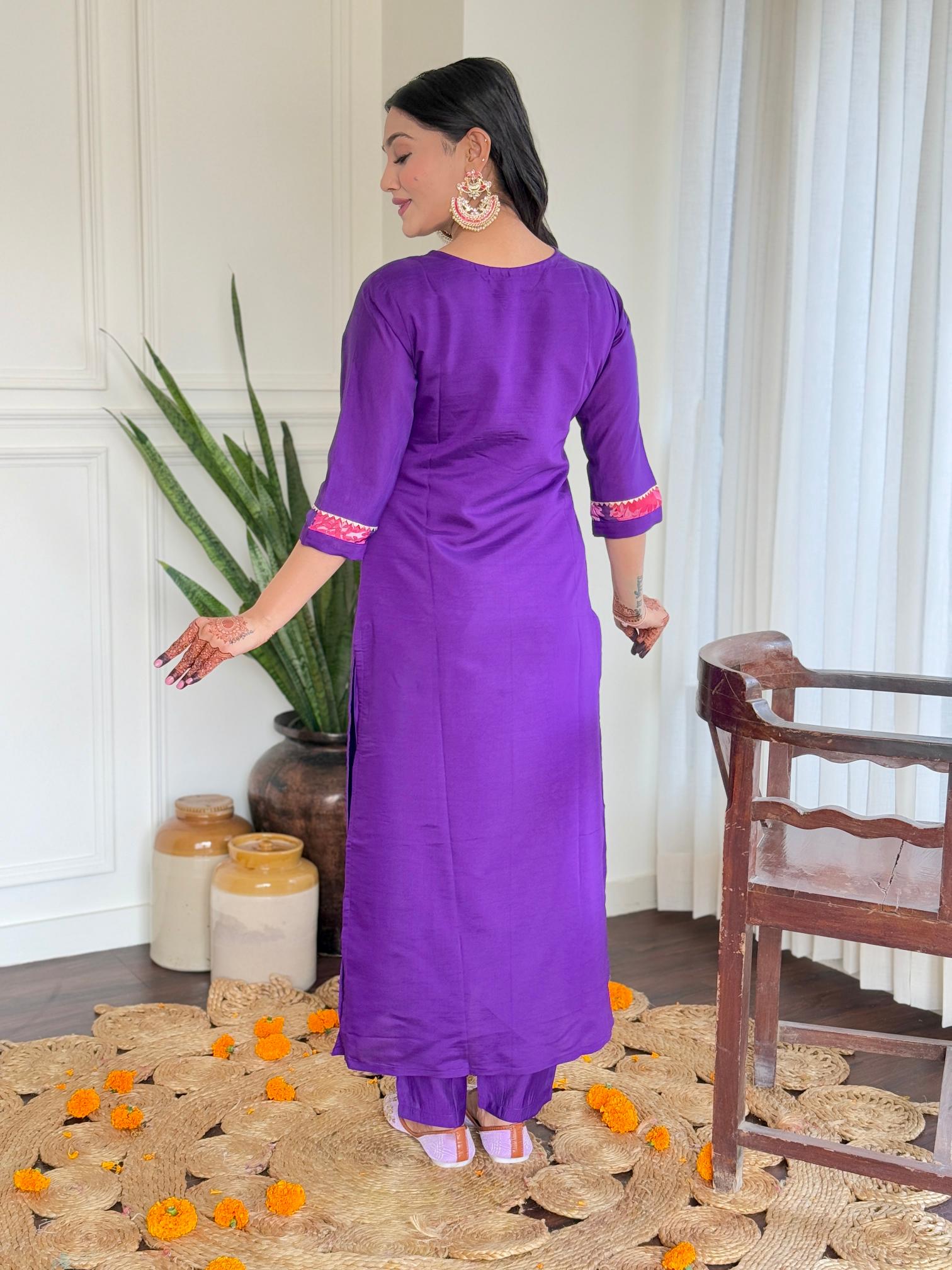 The52 Women's Beautiful Roman Silk Embroidered Straight Kurta with Pant And Dupatta Set