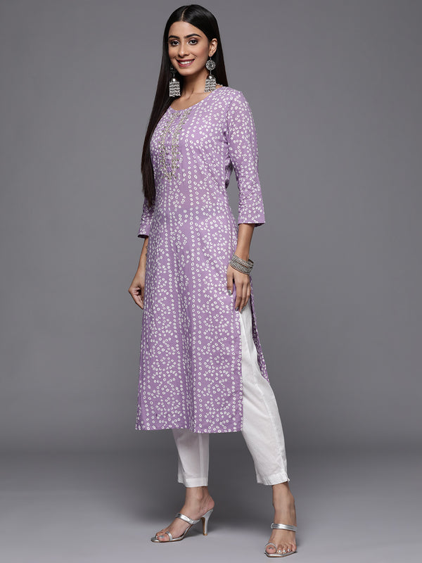 Varanga Lavender Bandhani Print Embroidered Kurta Has Round Neck - Distacart