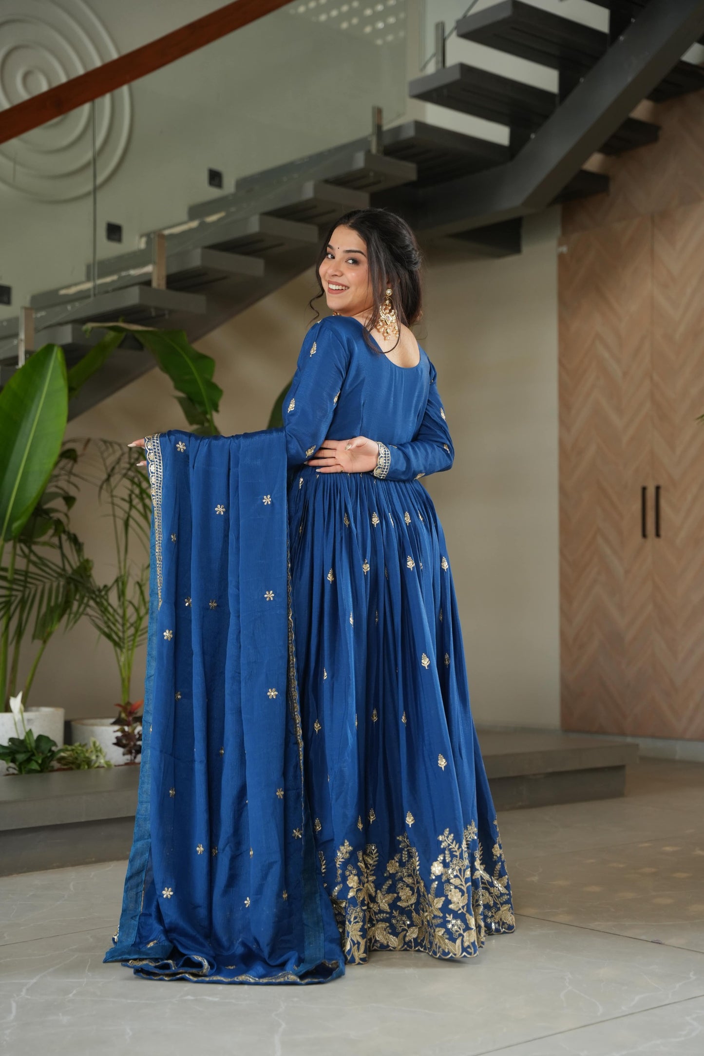 Anaita D Blue Chinon Readymade Anarkali Suit with Zari & Sequence Work - Dista