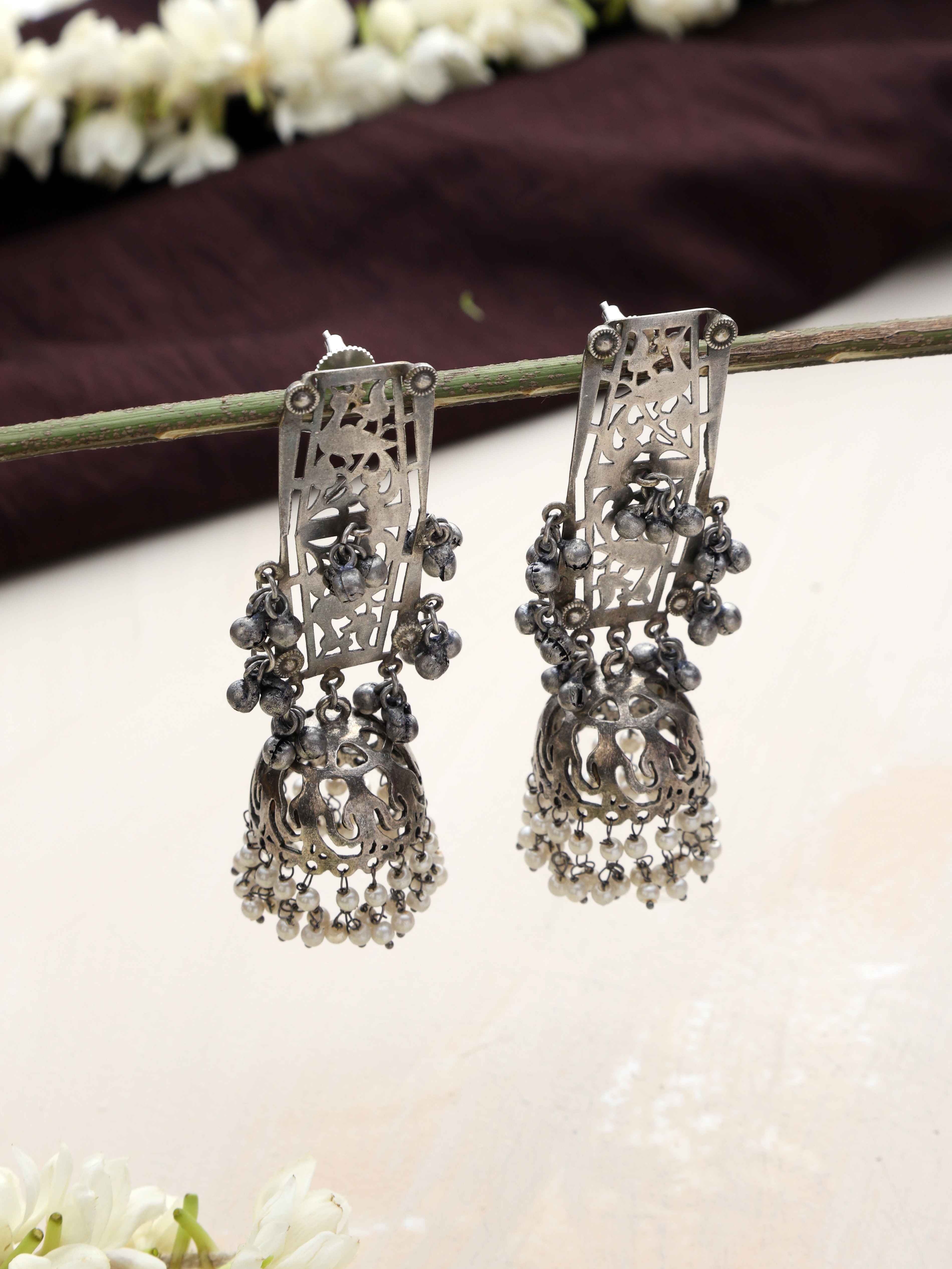 trueBrowns Silver Tone Floral Jhumka Earrings - Distacart