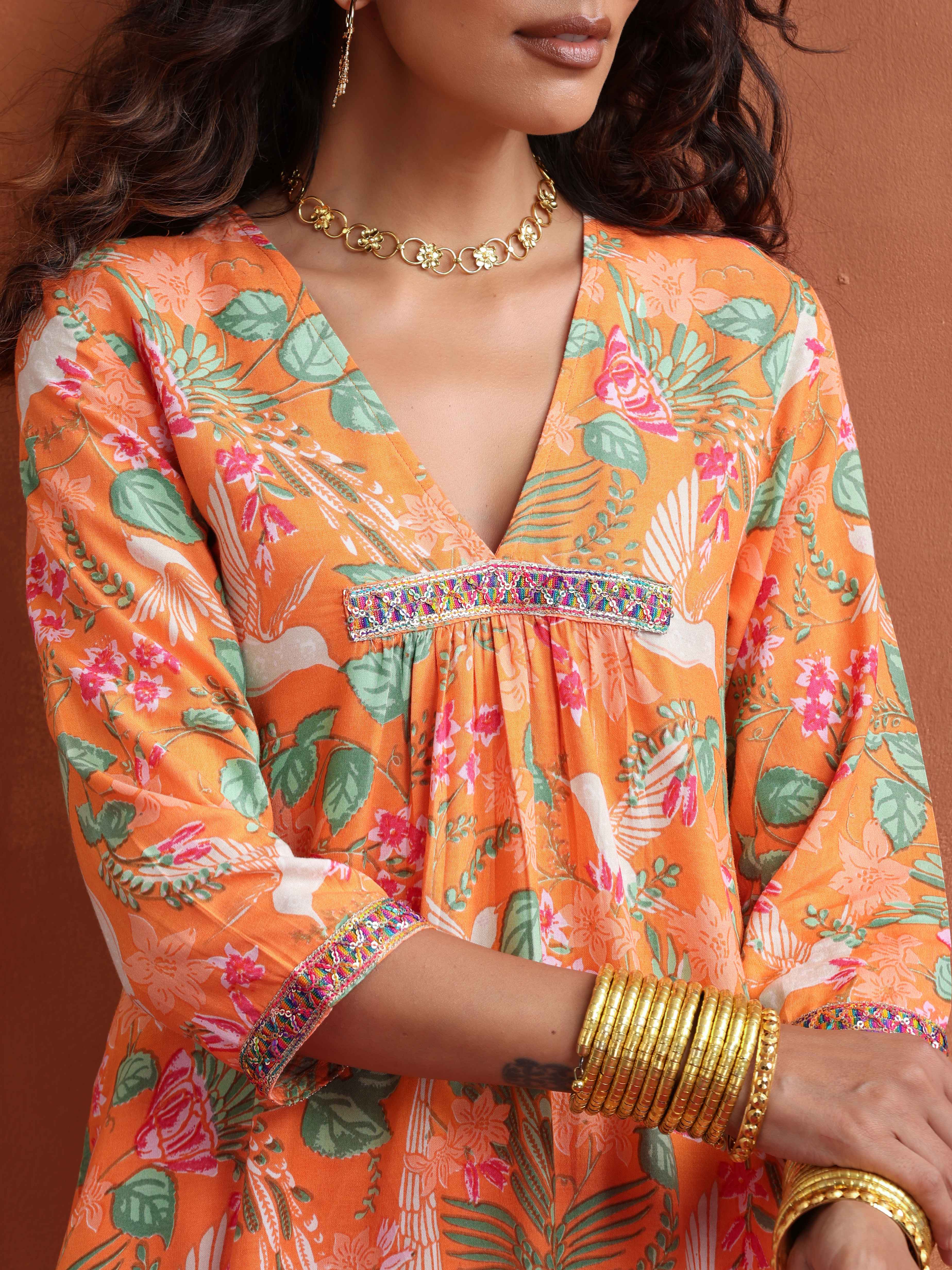 trueBrowns Orange Floral Print A-line Kurta Set - Distacart