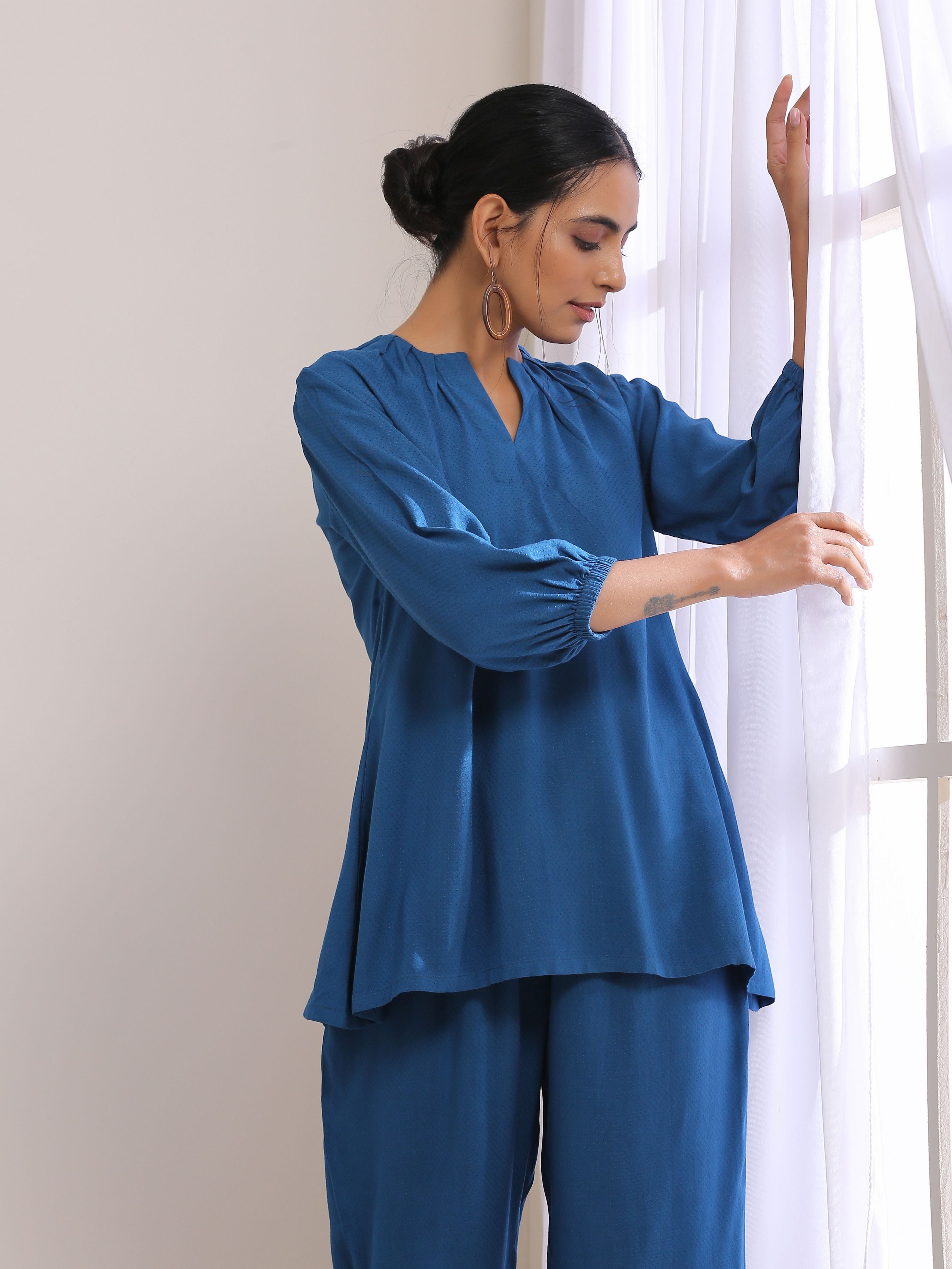trueBrowns Classic Blue Dobby Pleated Co-Ord Set - Distacart