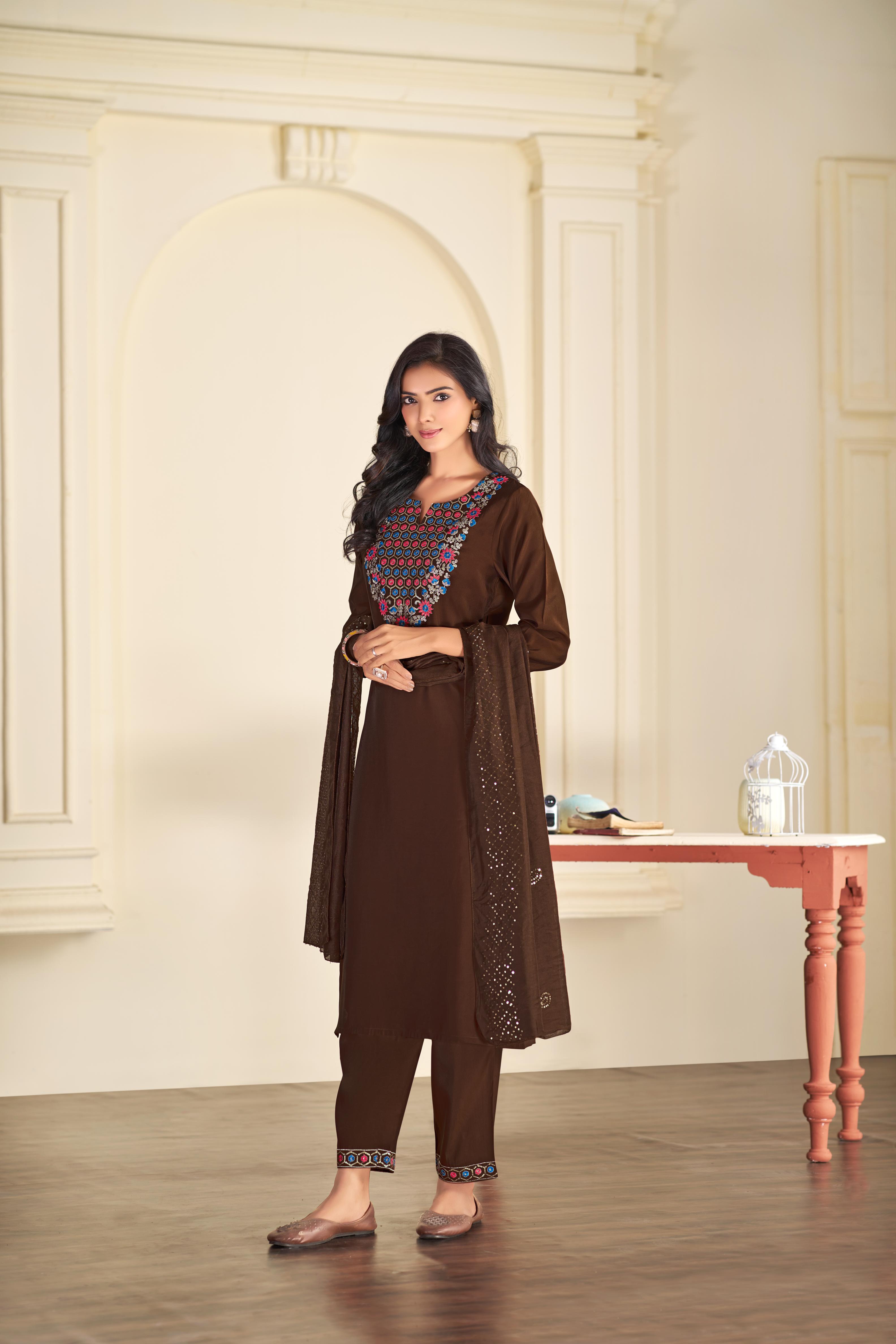 BulBul Ruhani Brown Embroidered Roman Silk Salwar Suit