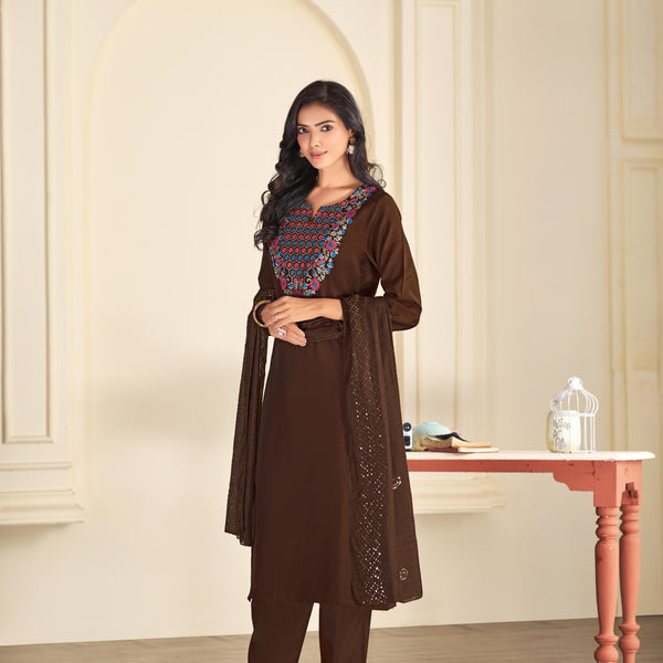 BulBul Ruhani Brown Embroidered Roman Silk Salwar Suit