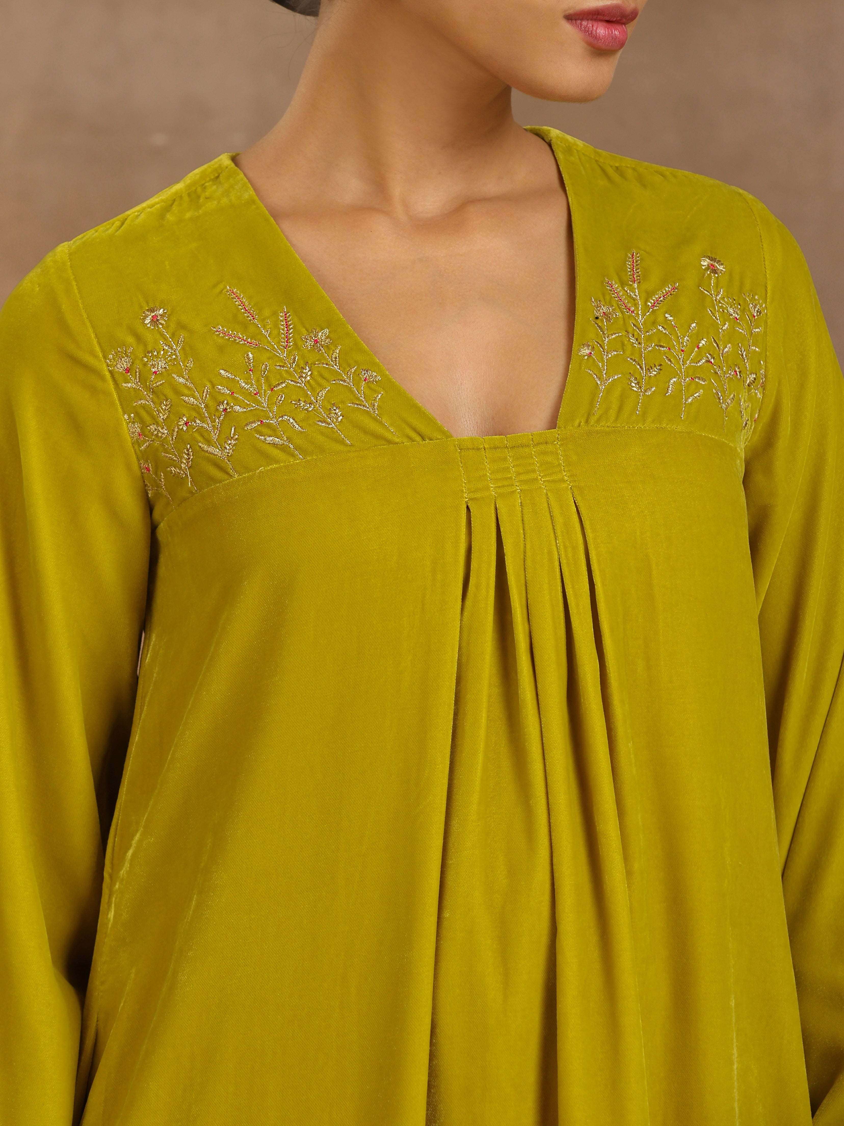 trueBrowns Lime Velvet Yoke Embroidered Kurta - Distacart