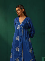 Thumbnail for trueBrowns Royal Blue Floral Viscose Silk Angrakha Kurta Pant Set - Distacart