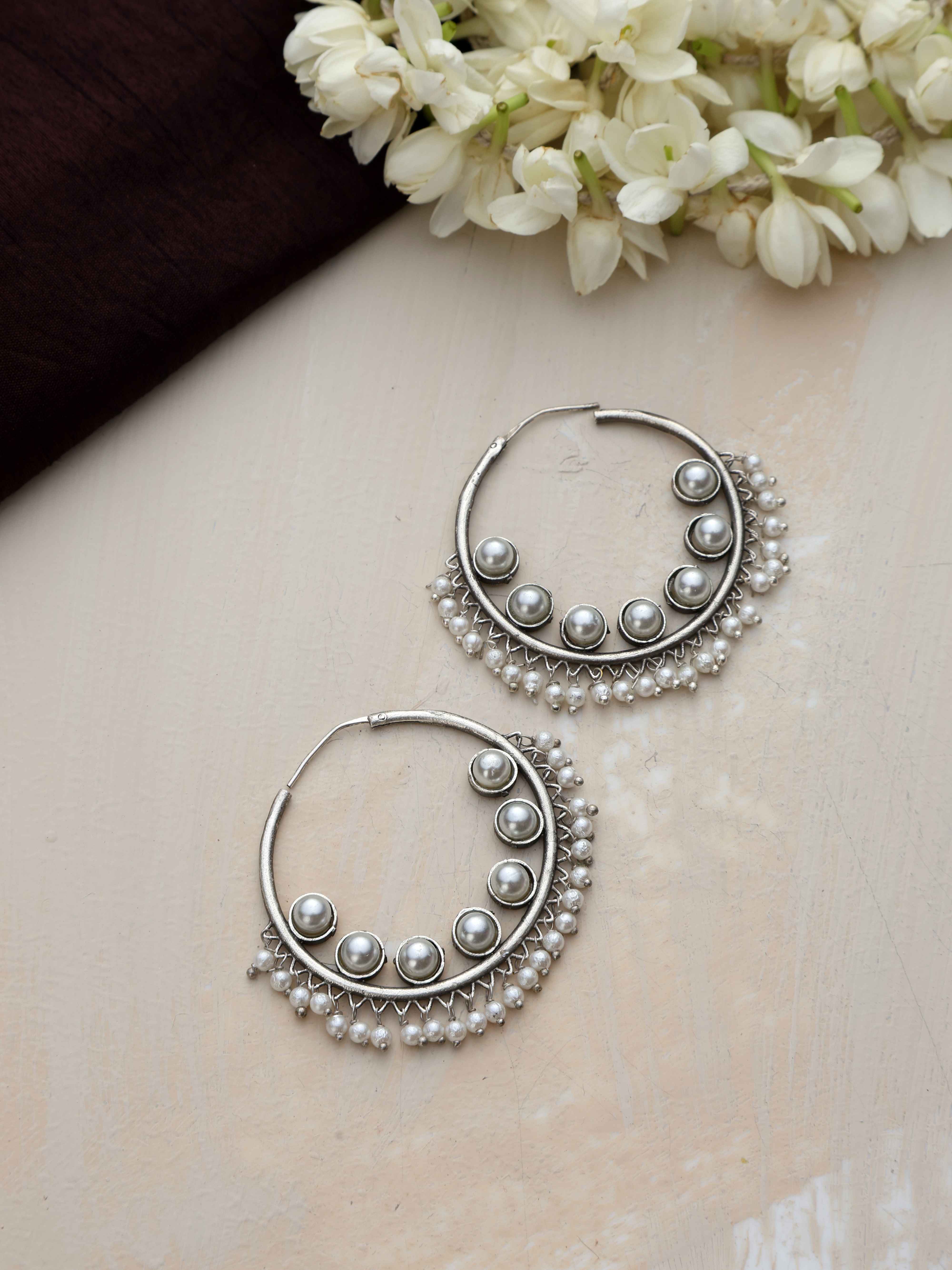 trueBrowns Silver Tone Pearl Hoop Earrings - Distacart