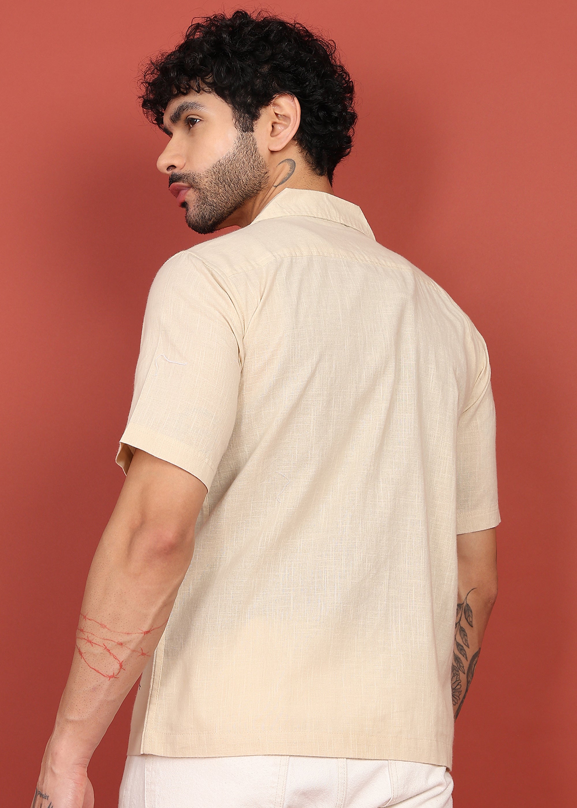 Fabmade Beige Bloom Embroidered Resort Shirt - Distacart