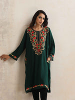 Thumbnail for trueBrowns Green Kashmiri Floral Embroidered Woollen Phiran Kurta - Distacart