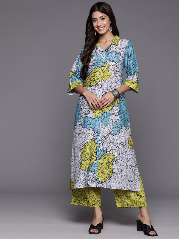 Varanga Women Blue And Green Abstract Printed Shirt Collar, Straight Kurta With Side And Front Slits Paired With Printed Bottom - Distacart