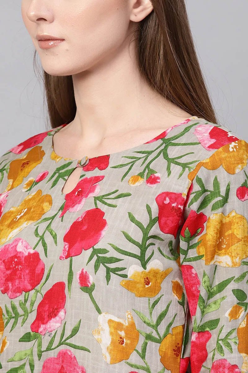 Ahika Printed Grey Rayon Blend Fabric Kurti
