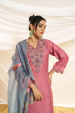 Thumbnail for BulBul Women Dusty Pink Embroidered Premium Silk Straight-Shoulder Cut Suit With Dupatta