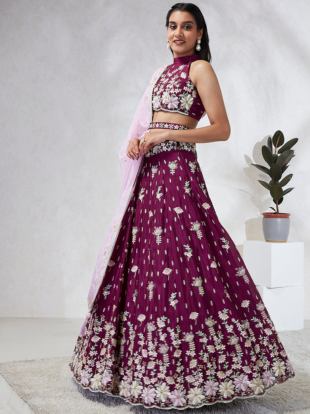 House of Panchhi Burgundy Pure Georgette Sequins And Thread Embroidery Lehenga Choli & Dupatta - Distacart