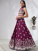 Thumbnail for House of Panchhi Burgundy Pure Georgette Sequins And Thread Embroidery Lehenga Choli & Dupatta - Distacart