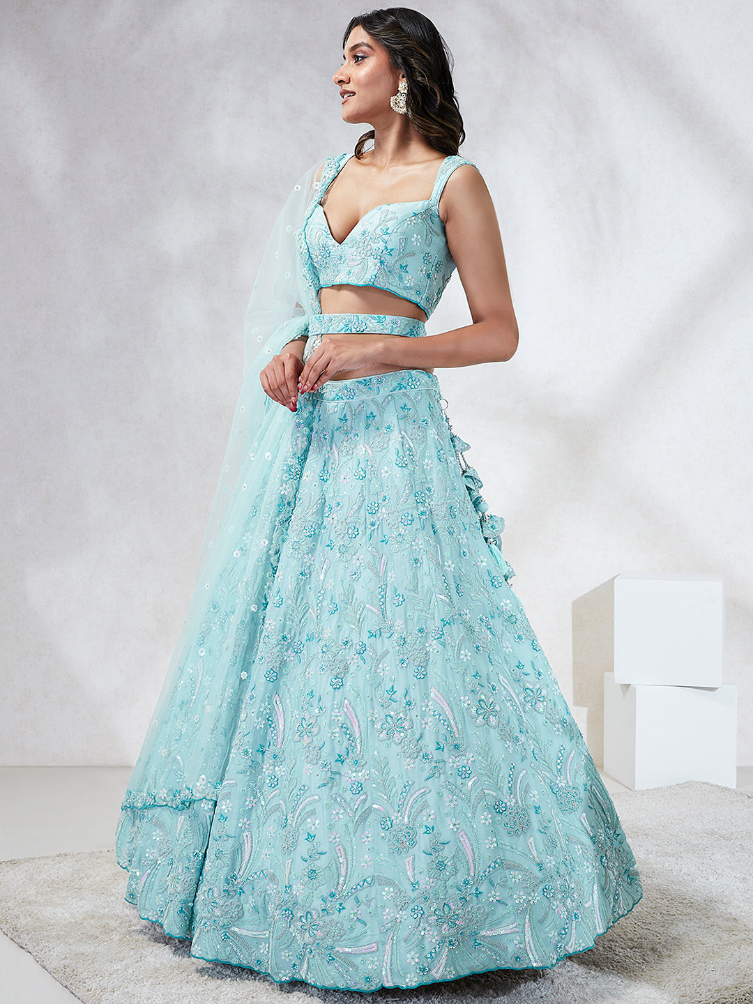 House of Panchhi Turquoise Blue Georgette Sequins And Thread Embroidery Lehenga Choli & Dupatta - Distacart