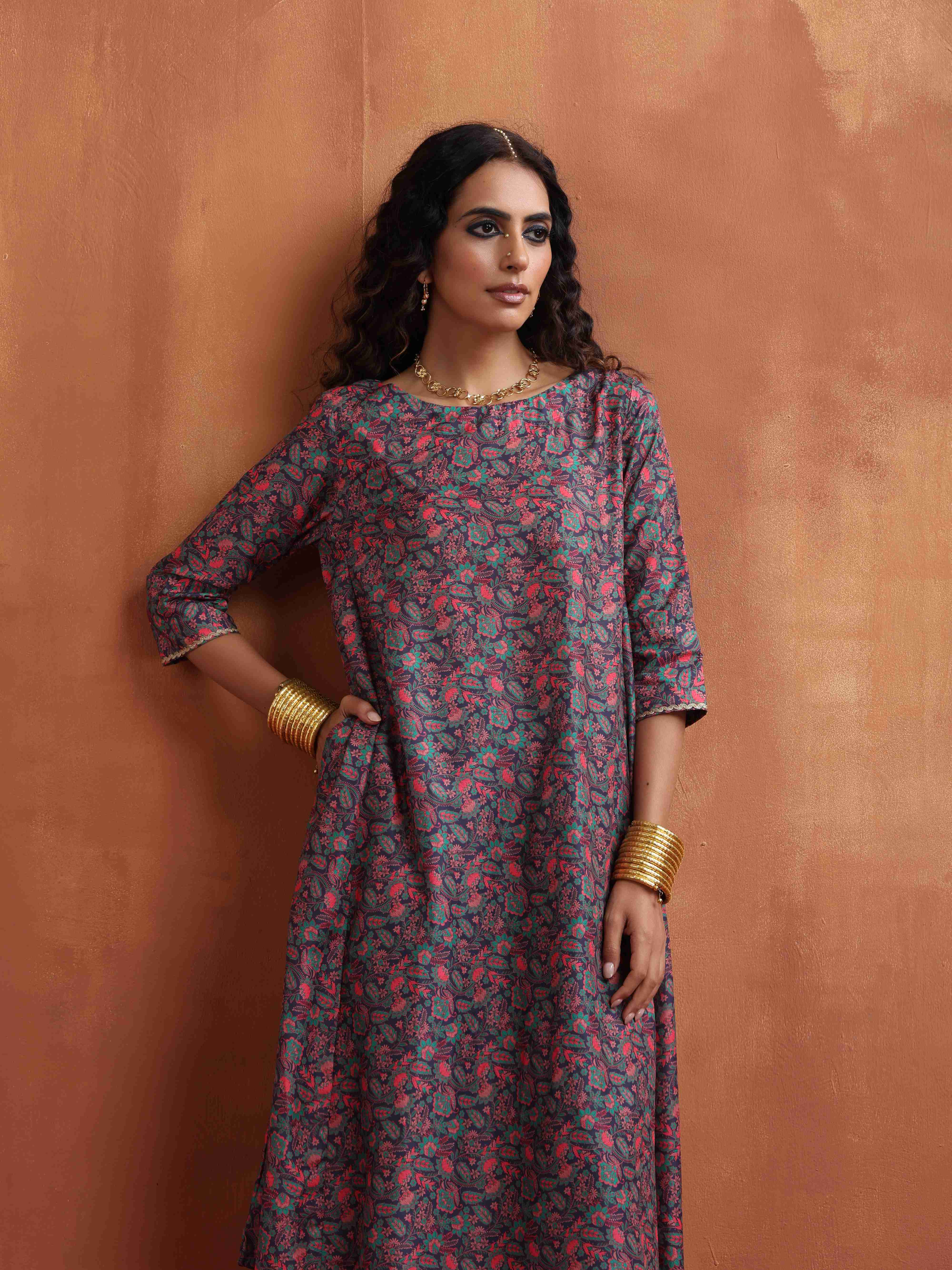 trueBrowns Purple Print A-line Kurta Set - Distacart