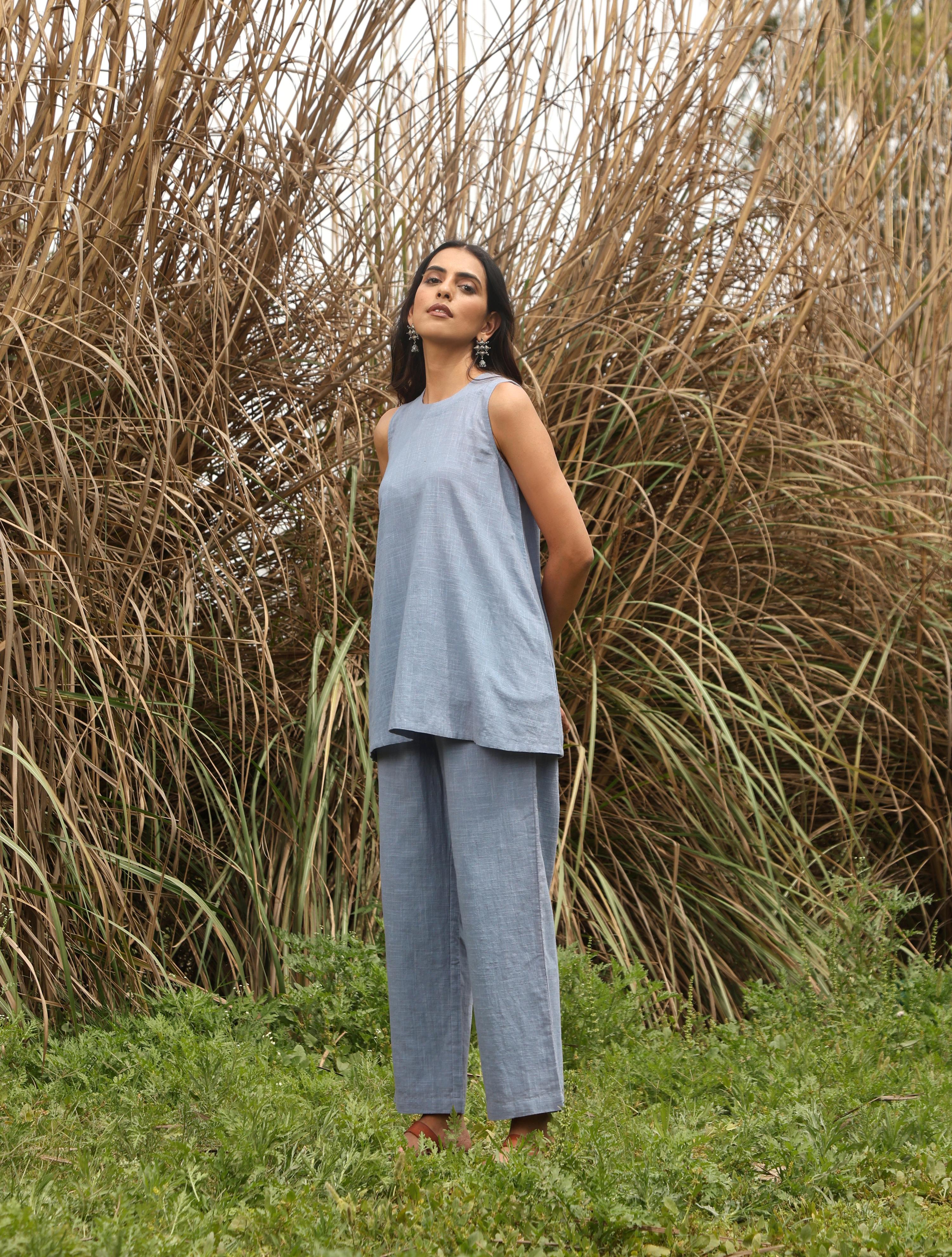 trueBrowns Blue Cotton Sleeveless Co-ord Set - Distacart