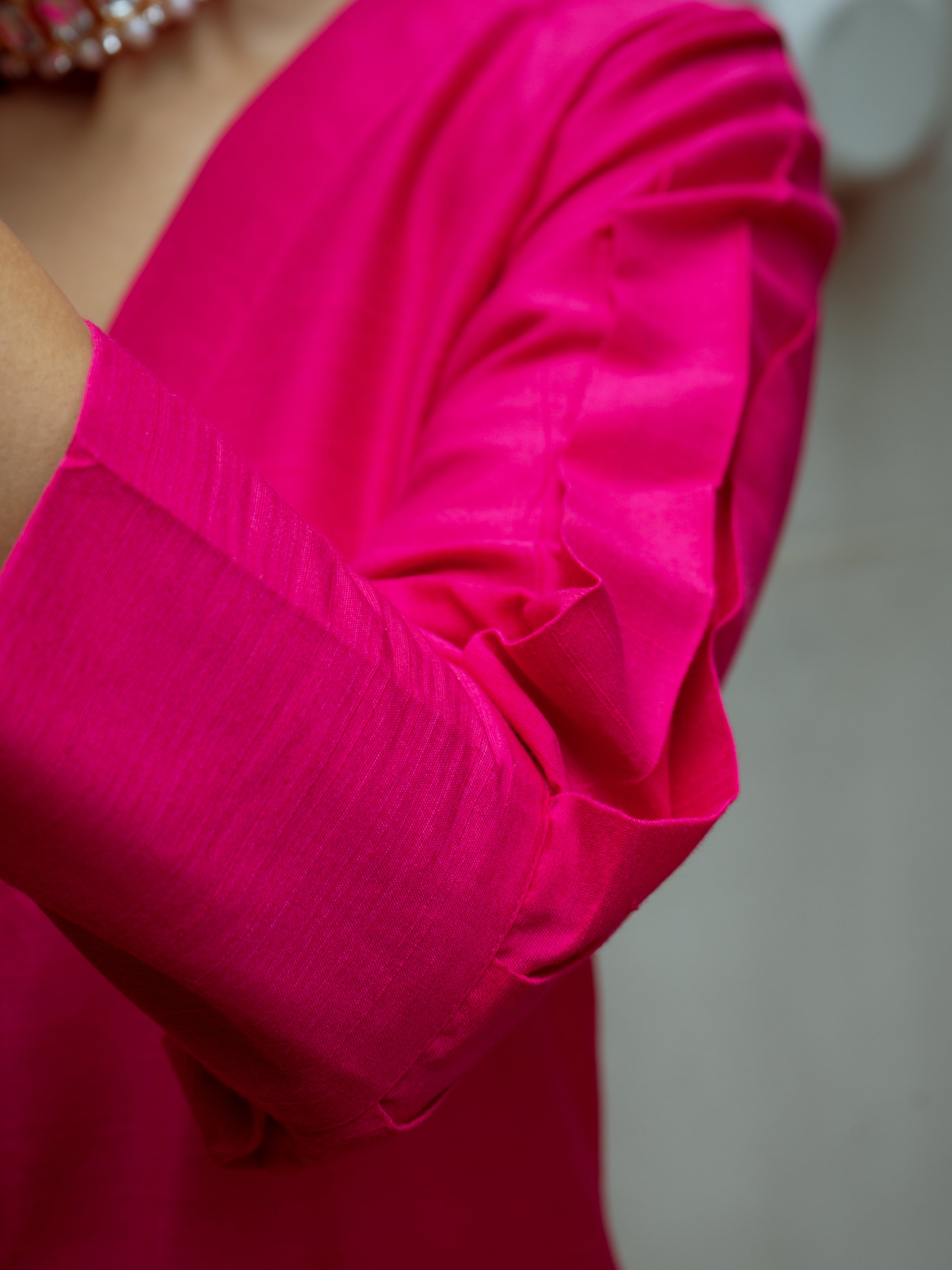 trueBrowns Pink Dupion Silk Puff Sleeve Kurta Pant Set - Distacart