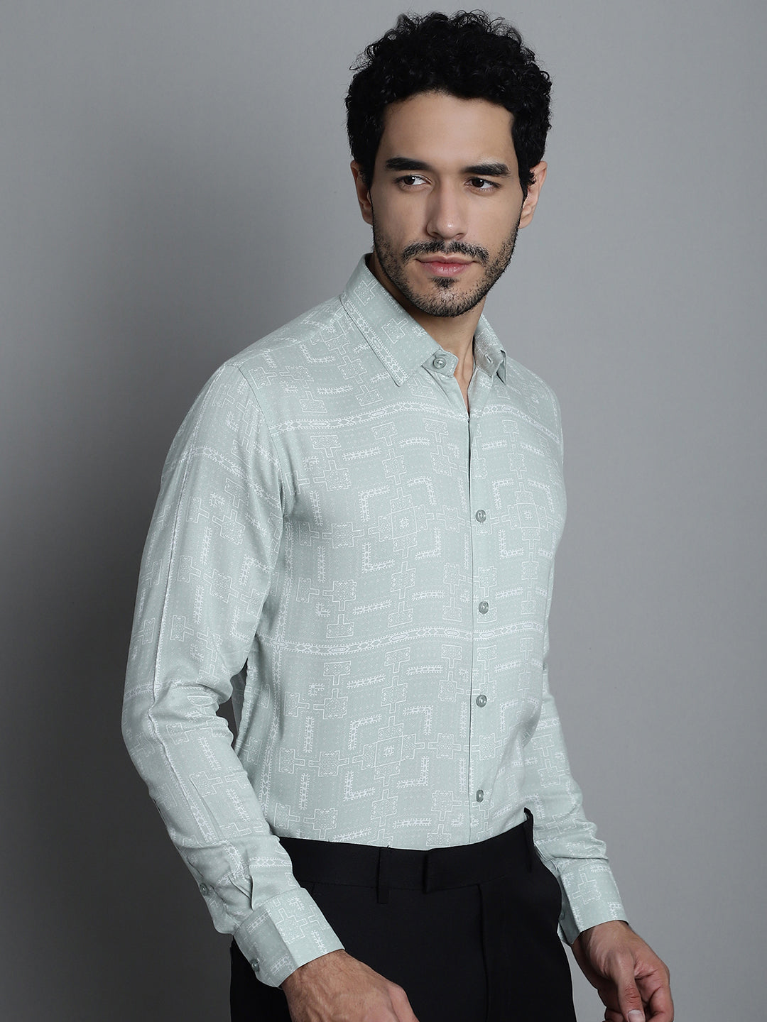 Jainish Men's Geomatric Printed Formal Shirts - Pista - Distacart