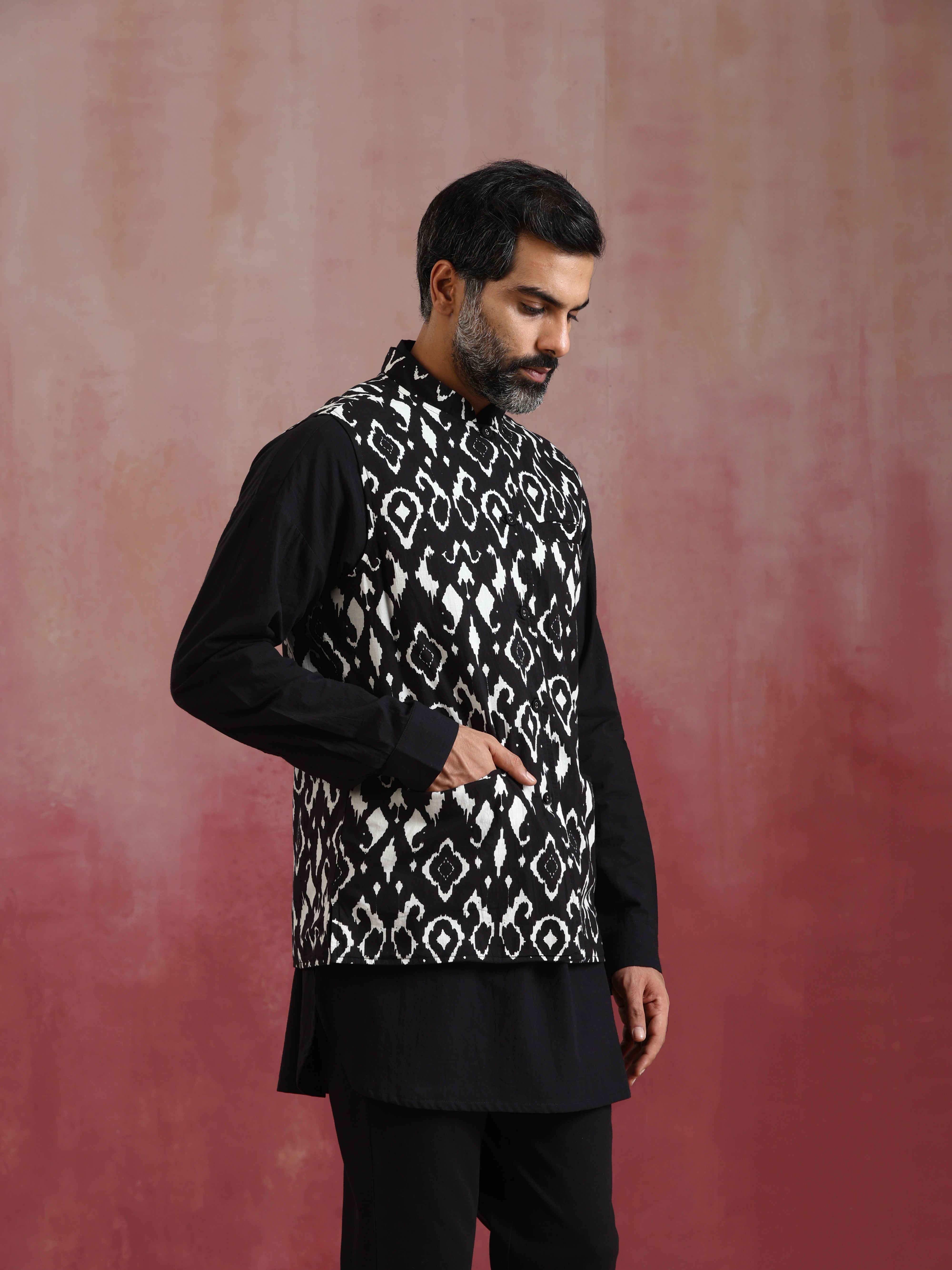 trueBrowns Men's Black Ikat Print Cotton Reversible Nehru Jacket