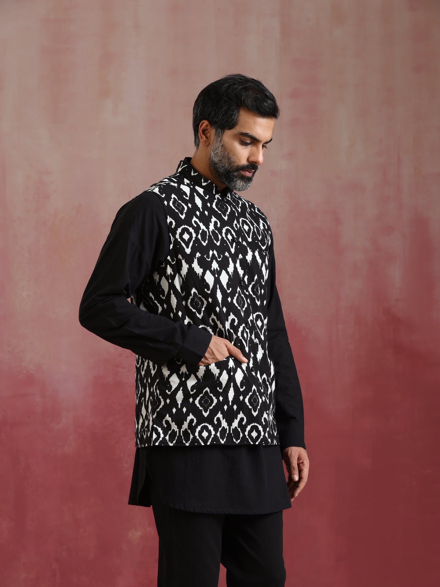 trueBrowns Men's Black Ikat Print Cotton Reversible Nehru Jacket - Distacart