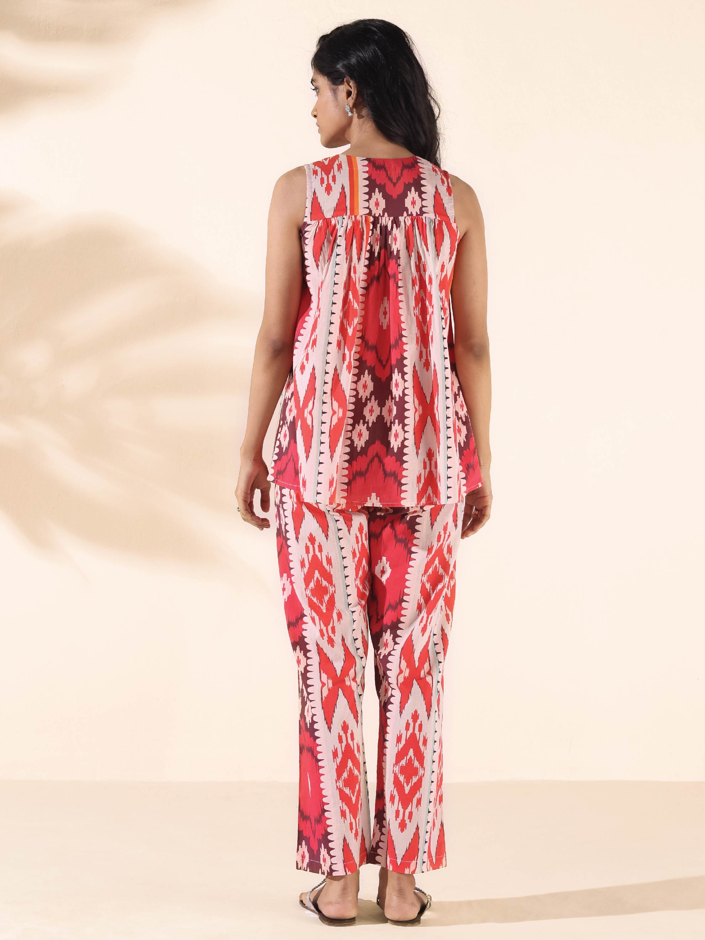 trueBrowns Maroon Cotton Ikat Flared Co-ord Set - Distacart