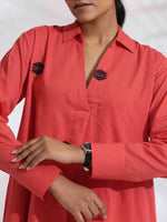 Thumbnail for trueBrowns Orange Cotton Embroidered Flared Dress