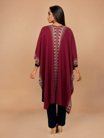 trueBrowns Maroon Woollen Geometric Kaftan Cape - Distacart