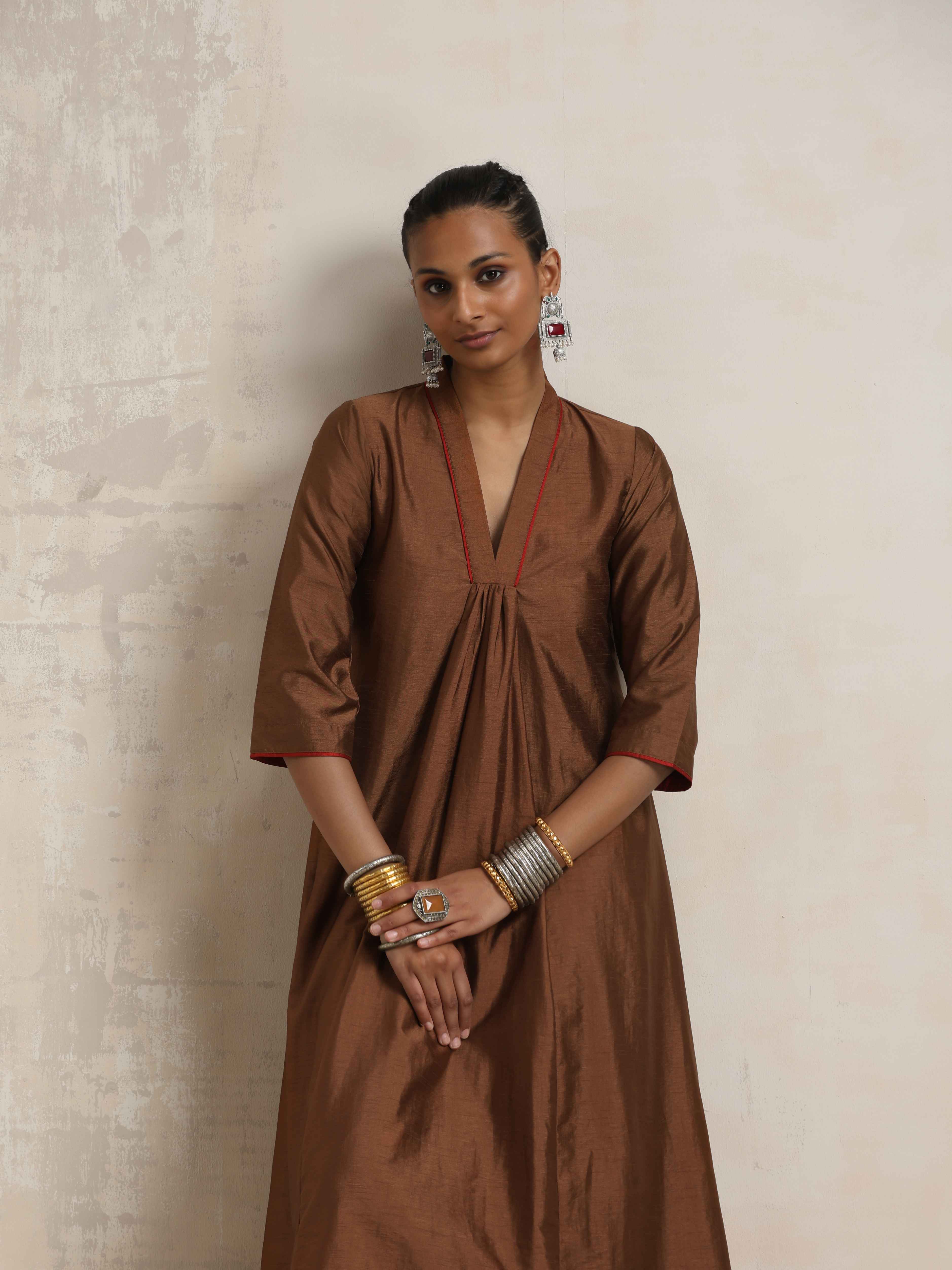trueBrowns Brown Silk Kurta Set - Distacart