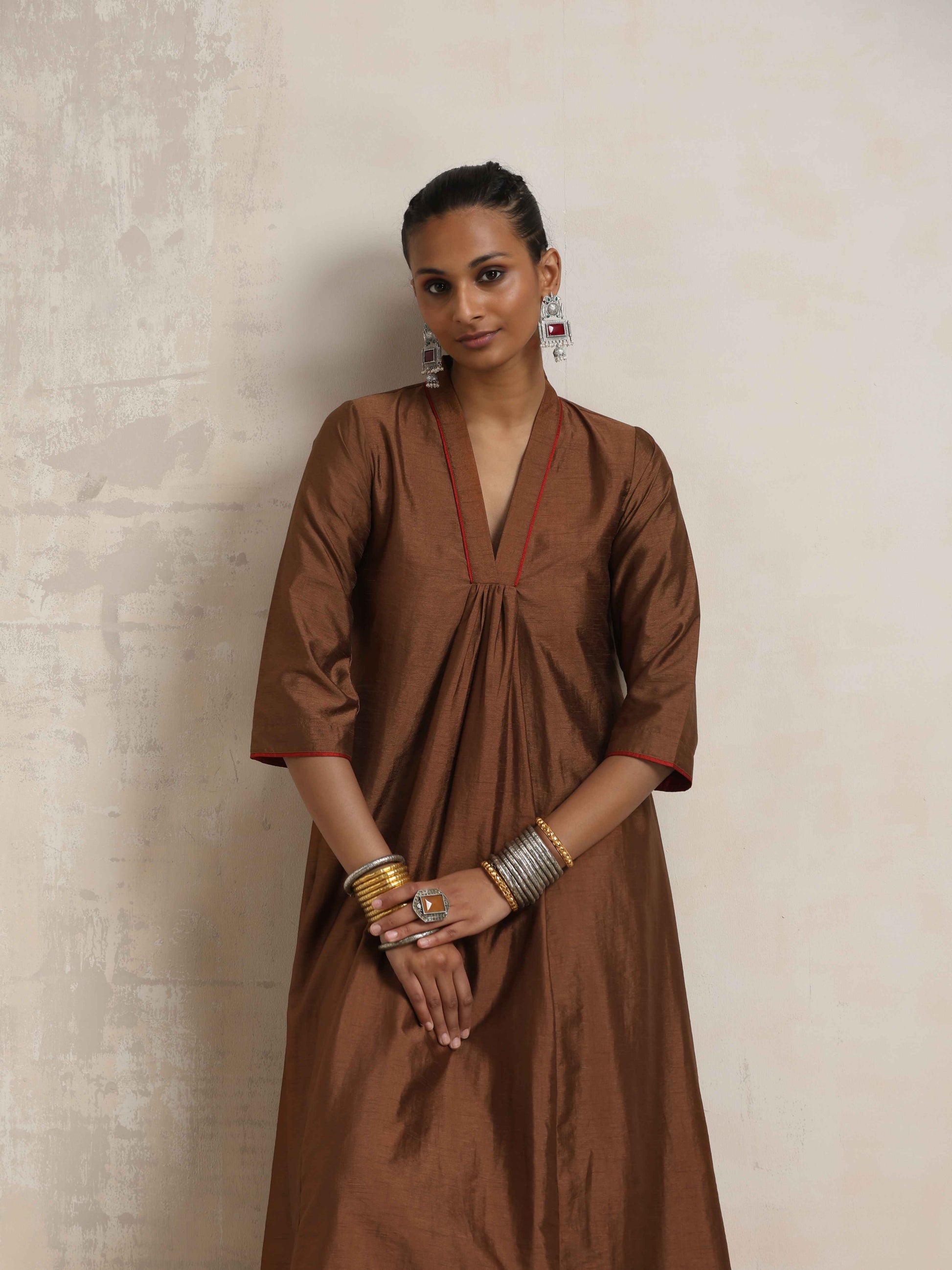 trueBrowns Brown Silk Kurta Set - Distacart